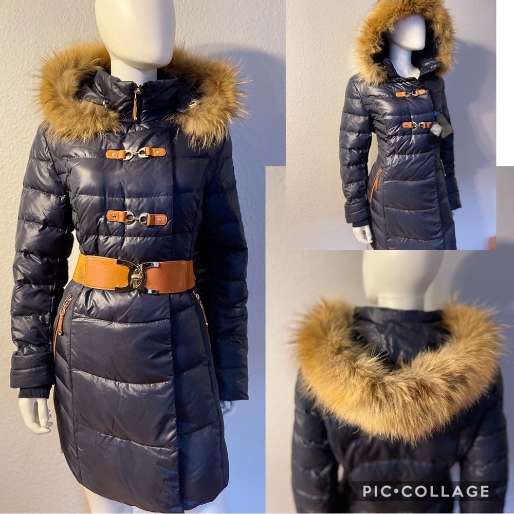 Nwt Women Winter Down Puffer Real Raccoon Fur Trim Hood Navy Parka Coat Jacket
